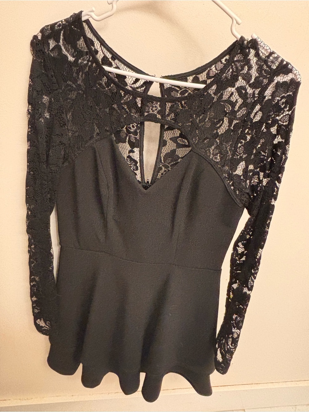 Black Lace Long-Sleeve Peplum Dress with Keyhole Detail